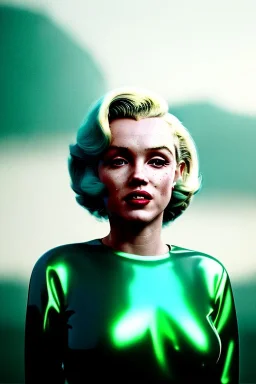 Ultra Realistic retro sci-fi scene, portrait, blonde woman, sweet young Marilyn Monroe face, perfect iris, tight latex coat, Strange planet background, Retro sci-fi style helmet, fog, rain, soft color, highly detailed, unreal engine 5, ray tracing, RTX, lumen lighting, ultra detail, volumetric lighting, 3d, finely drawn, high definition, high resolution.