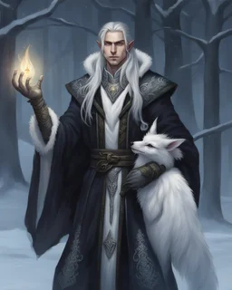 a young High Elf frost Wizard with long wiry hair, wearing a black trimmed white nobleman's robe and frost ornaments on clothes, with a small weasel on his shoulder