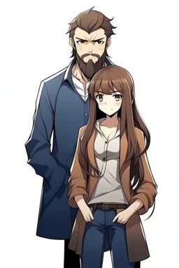 Anime man with beard, handsome. Standing with Beautiful anime woman