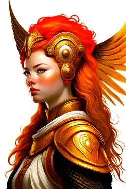 a redheaded woman valkyrie queen with two braids, gold-winged valkyrie helmet and fur cloak, strong, muscled body, white background, portrait, (masterpiece)
