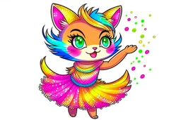 a cute fluffy chibi cat dancer in metallic silky shined colourful dress dynamically dancing and throwing up shiny metallic glitters