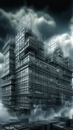 Synthography Art generated Of a high rise building with visual details of mechanical and electrical components and chips and components textures with gray clouds storm in the background