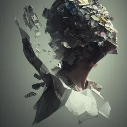 rendered in blender trash bag on his head and crumpled paper as a texture, collage paper and tape, slit - scan photography, high resolution, cinematic, unreal 6, breathtaking detailed