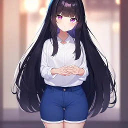 Clear focus,High resolution, Black long fluffy hair, and purple eyes, wearing a blue shorts,white shirt, Loli