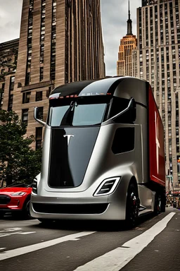 A Tesla semi-truck is parked, near the "Empire State Building' in New York. CINEMATIC. WIDE ANGLE LENS. PHOTO REAL.
