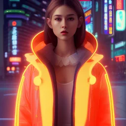 full body shot photo of the most beautiful artwork in the world featuring a modern female girl, sexy, big eyes, urban tokyo futuristic look, neon lights, night, slow motion, reflections, orange raincoat, intricate detail, nostalgia, high boots, heart professional majestic oil painting by Ed Blinkey, Atey Ghailan, Studio Ghibli, by Jeremy Mann, Greg Manchess, Antonio Moro, trending on ArtStation, trending on CGSociety, Intricate, High Detail, Sharp focus, dramatic, photorealistic painting art by