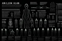 infographic made by aliens about humans beings, black background, strang gliphs, few text with big characters