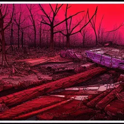  line Art coloured, destroyed, post apocalyptic, darkred tones,