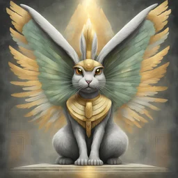 Rabbit Monster who is Egyptian sphinx-themed with feathered wings in light-gray green and gold colors can blast a beam of energy, best quality, masterpiece, background pyramid, in fresco art style