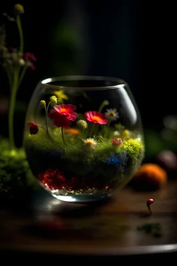 Flowers made of stardust in a glass, above moss, Details, sharpness, 8K, highest quality, masterpiece,