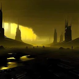Ground level dark futuristic city scape. Yellow mist near the ground.