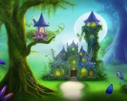 mystical house on a hot tropical island, fantasy art, surreal art, beautiful little fairies sitting on the trees,