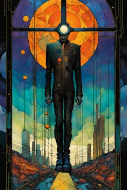 Create a chaotic abstract cubist Tarot Card depicting a post apocalyptic, The Hanged Man , with highly detailed facial features, in the style of Bill Sienkiewicz, Philippe Druillet, Gustav Klimt, and Jean Giraud Moebius, precisely drawn, colored and inked