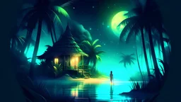 Idyllic lush green lagoon bioluminescent with palm trees and tree house with a glow from the inside a couple in love and dancing on the lagoon’s beach