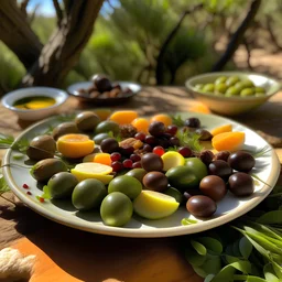 A plate of olives surrounded by breakfast found in nature