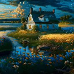 cottage , in the fields, Lake, airbrush, flowers by Van Gogh Modifiers: extremely detailed fantasy 8k oil on canvas very attractive dynamic lighting Unreal Engine cinematic postprocessing Van Gogh Thomas Kinkade glowing Craig Rutkowski