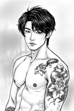 tattoed korean man, Asain man, nice pfofile, attraktive handsome, medium long black hair, hot body, body with tattoo, strong lines, blur background, highly detailed drawing, modern vibe, artwork, grayscale, no photorealism