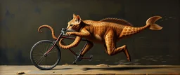 master oil painting by Rembrandt, cat octopus orc fish salamander running marathon with a bike