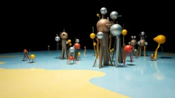 Fotografia di una superficie piatta di colore azzurro chiaro e giallo pastello, su cui si ergono enormi surreali strutture di forma astratta e surreale, di metallo, di colori vari, forti contrasti. Buio. Joan Miró odd style. Strong 3d deep field. Oscurità, paranoic, obsessive, homologic, phobic, nightmare, notte, glossy, hasselblad h6d400c --ar 85:128 --v 6.