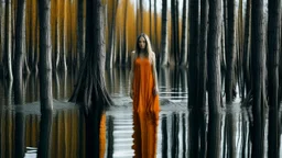 Woman with long hair and orange dress standing in shallow water surrounded by vertical birch trunks.