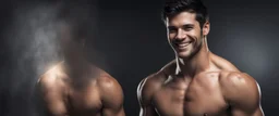 Hyper realistic Extremely Handsome shirtless with short black hair muscular man smiling standing in a black towel in a dark room