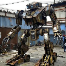 trash mech suit, human sized, made of scrap metal