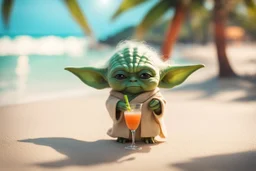 cute chibi yoda fairy in a tropical beach with cocktail in sunshine, ethereal, cinematic postprocessing, dof, bokeh