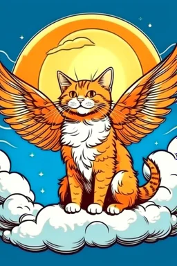 orange cat with stripes in heaven with wings and a halo comic style