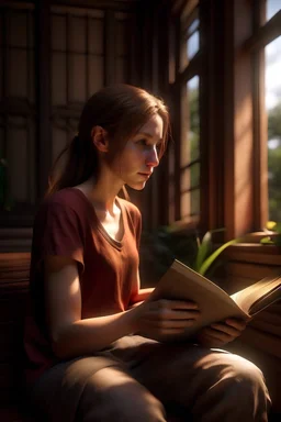 imagine prompt: Realistic, personality: [Illustrate a medium shot of Sally sitting on the porch with a big book in her hands. She is engrossed in reading and has a calm and focused expression on her face. The warm sunlight highlights her features] unreal engine, super real --q 2 --v 5.2 --ar 17:55