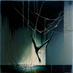 Minimal abstract oil painting of a falling person limbs sinew. Amongst concrete fragments brutalist architecture and hanging wires illuminated at night. In the style of Justin Mortimer and Francis bacon