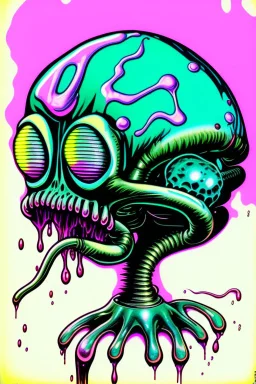 Vintage illustration of a slimey silver chrome brain melting, mercury liquid dripping, metal chrome colors, cartoonist animation style, hand drawn, neon lighting, gross art, pop punk, 90s anime inspired, airbrushing, post modern, horror cut, gradient chrome abberations, retro weird drawings, alien brain matter, blood spatter , scifi punk