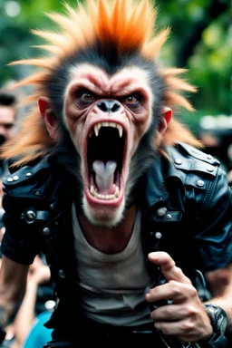 A very angry and bitter punk rocker tries to scream in his mobil very high and gets angry, howler monkeys disturbs him