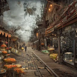 Insanely detailed photograph of an “artitcture plans of a city market at a shipyard” with intricate gears, intricate embroidered band, hyperdetailed painting by Ismail Inceoglu Huang Guangjian and Dan Witz CGSociety ZBrush Central fantasy art album cover art,8K, hdr, romantic, mysterious, ominous, flowers, jewelry, steam,oil,cafe,street vendor,steamship