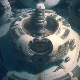 large cylindrical detailed multi-floored Spacestation with spaceships docking