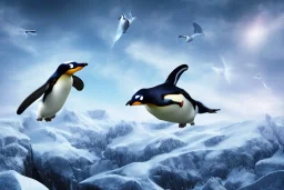 penguin flying in the sky with his two wings