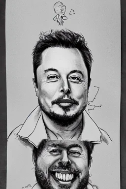 portrait d'Elon Musk en hôpital psychatrique, en camisole de force, fou, avec des cheveux long et une barbe, dessins à la plume