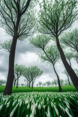 A trees of garlic in a white jungle and cloudy white sky’s Trees of garlic all in white color