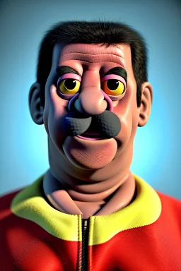 Waist up muppet Portrait, Nicolas maduro us muppet doll, Venezuelan president, tracksuit red blue and yellow, mustache, photo studio, red background, unreal engine 5, concept art, art station, ray tracing, lumen lighting, ultra detail, volumetric lighting, 3d.