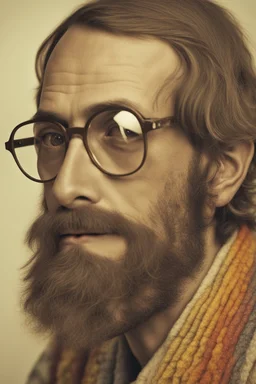 Hippie bohemian young ugly man with Parisian bohemian look and glasses of colours and poor and short short short and poor hair on the head with receding hairline. Farsightedness glasses with big eyes. Long beard. Vintage look and feel like photo styleof the 70s