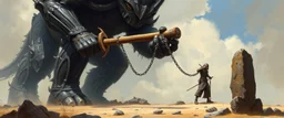 catapult on a stick, oil and airbrush, epic fantasy illustration, black giant lifting chained stones