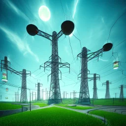 energy, power plant, technology, power line, future, flying cars, green trees, blue sky