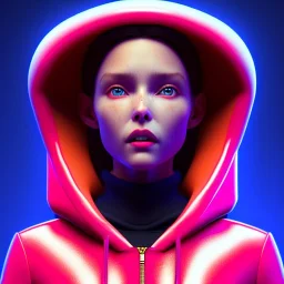 Spanish woman, rounded face, purpurin made up, red, blue, pink, inflatable hoodie, latex, leather, soft color, highly detailed, art stations, concept art, smooth, unreal engine 5, god rays, ray tracing, RTX, lumen lighting, ultra detail, volumetric lighting, 3d, finely drawn, high definition, high resolution, neon background.