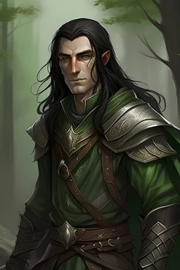 male wood elf ranger with long black hair, green eyes, wearing scale mail