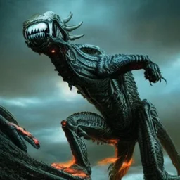 hybrid kaiju between alien xenomorph of ridley Scott and iron man