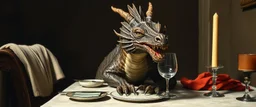 close up portrait painted by Rembrandt, stupid looking dragon with wrong proportions on dinner table