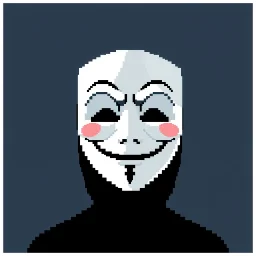 8 bit pixelart of a shadow figure with a white smooth wide smiling mask , noseless opera mask, no nose holes, no nose