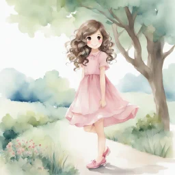 watercolor, full body, cute smile girl, curly hair, big eyes, long brown hair, pink dress, pink shoes, white backgrownd