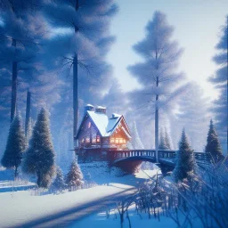 Forest ice winter, bridge birds,live house, deer, unreal engine 5, octane render