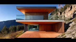 Nestled among the mountains, this contemporary house emerges as a geometric gem. The ground floor, in earthy orange tones, firmly anchors itself into the landscape, while the sharp glass upper floor offers sweeping panoramic views that seem to slice through the crisp mountain air, merging the indoors with the majesty of the outdoors.