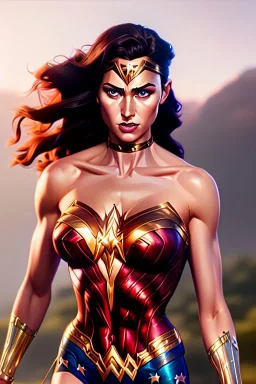 hyper realist, hyper detailed, stunningly beautiful Wonder woman, athletic realistic body, by greg rutkowski, magali villeneuve, artgerm, wlop, rossdraws, concept art, digital painting